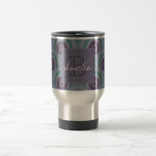 Lila und grüne Retro-Kreismuster-Monogramm Reisebecher