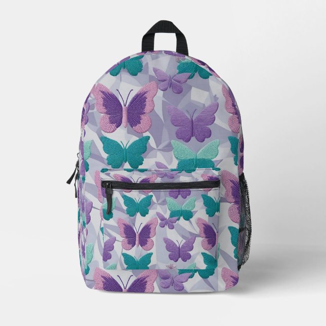 Lila und grüne Schmetterlinge Stoffmuster Stilvoll Bedruckter Rucksack (Vorderseite)