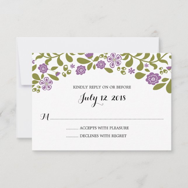 Lila und grüne Wildblume Blüten Hochzeit RSVP (Vorderseite)
