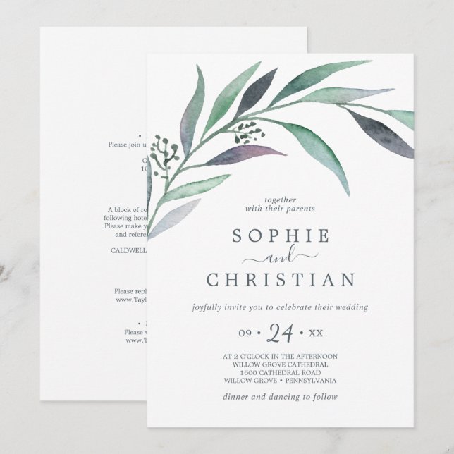 Lila und grüner Eukalyptus auf einer Hochzeit Einladung (Vorne/Hinten)