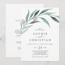 Lila und grüner Eukalyptus auf einer Hochzeit Einladung