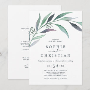 Lila und grüner Eukalyptus auf einer Hochzeit Einladung