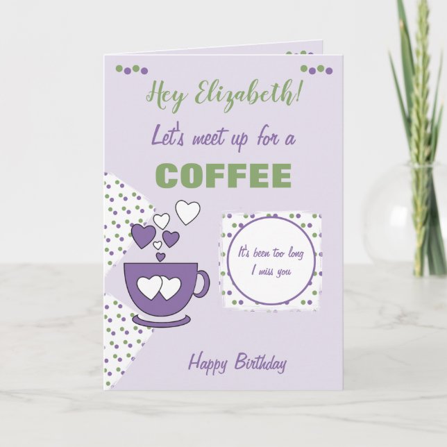 Lila und grüner Kaffee & Freunde zum Geburtstag Karte (Vorderseite)