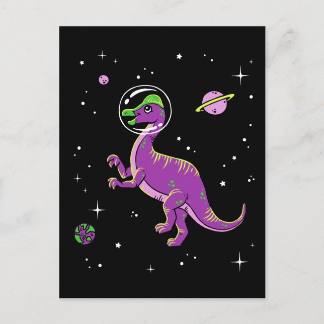 Lila und grünes Corythosaurus Dinos im Weltraum Postkarte (Vorderseite)
