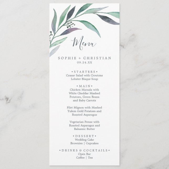 Lila und grünes Eukalyptus-Hochzeitmenü Menükarte (Vorderseite)