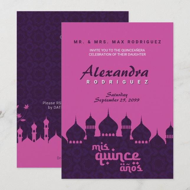 Lila und heiß rosa arabische Nächte Quinceñera Einladung (Vorne/Hinten)