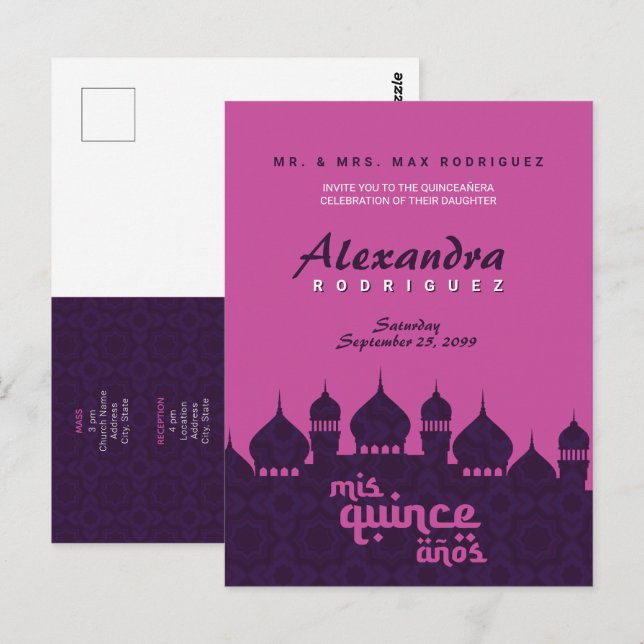 Lila und heiß rosa arabische Nächte Quinceñera Postkarte (Vorne/Hinten)