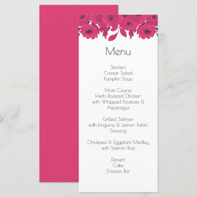 Lila und heiß rosa Botanische Hochzeit Menükarte (Vorne/Hinten)