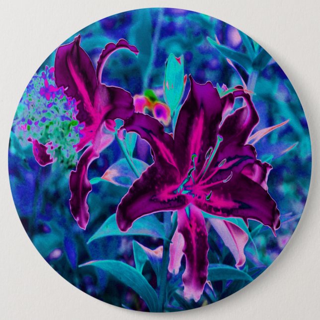 Lila und Hot Pink Abstrakte Orientalische Lilien B Button (Vorderseite)