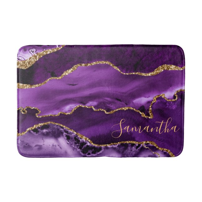 Lila und Imitate Gold Glitzer Marmormatte Badematte (Vorderseite)
