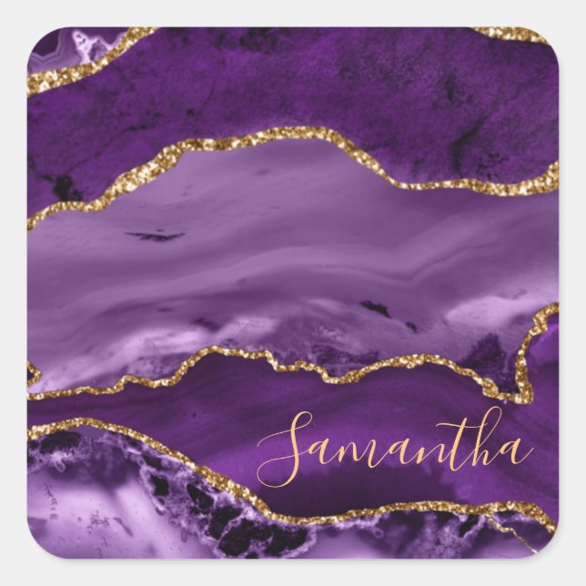 Lila und Imitate Gold Glitzer Marmormatte Quadratischer Aufkleber (Vorderseite)