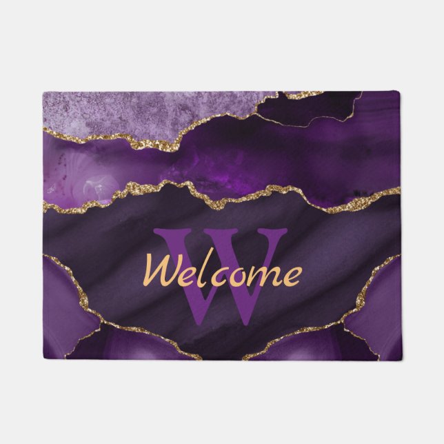 Lila und Imitate Gold Glitzer Marmorsäle Monogram Fußmatte (Vorderseite)