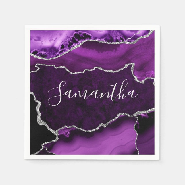 Lila und Imitate Silver Glitzer Marmor Agate Serviette (Vorderseite)