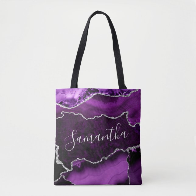 Lila und Imitate Silver Glitzer Marmor Agate Tasche (Vorderseite)