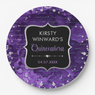 Lila und irisierende Glitter-Buchstaben Quinceaner Pappteller