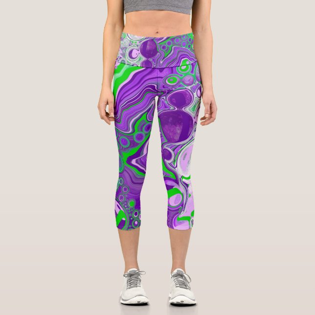 Lila und kalkgrüne Marmorlasche Kunst Capri Leggings (Vorderseite)