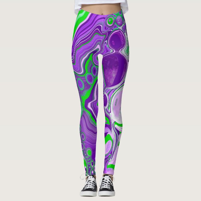 Lila und kalkgrüne Marmorlasche Kunst Leggings (Vorderseite)