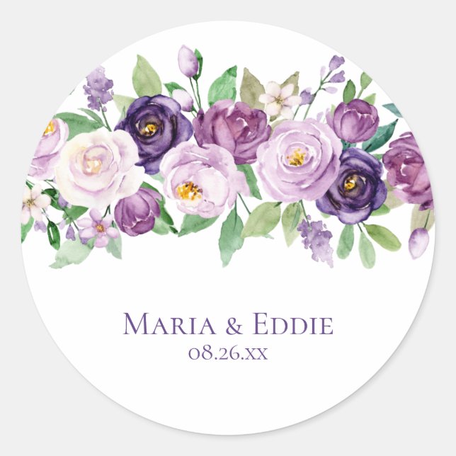 Lila und Lavendel-Rose Hochzeit Runder Aufkleber (Vorderseite)