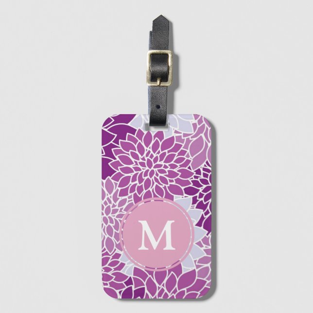 Lila und lila Blumen-Muster-Monogramm Gepäckanhänger (Vorderseite Vertikal)
