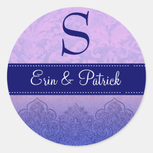 Lila und Lilac Wedding Damask Monogram C547A Runder Aufkleber