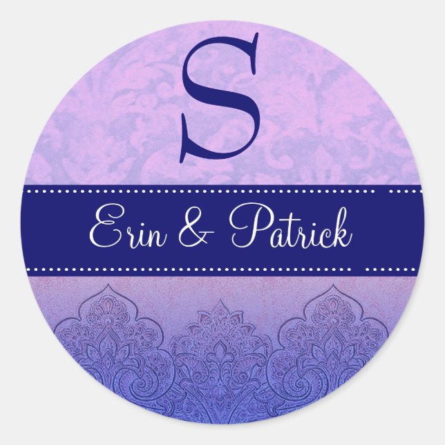 Lila und Lilac Wedding Damask Monogram C547A Runder Aufkleber (Vorderseite)