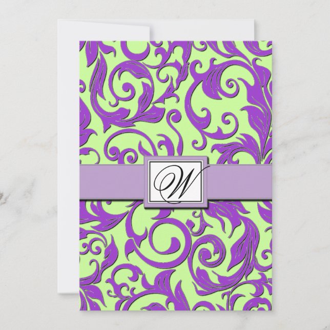 Lila und Lime Green Damask Hochzeiten Einladung (Vorderseite)