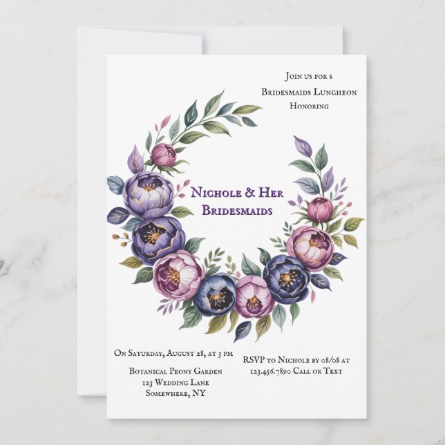Lila und Magenta Peony Bridesmaids Luncheon Einladung (Vorderseite)