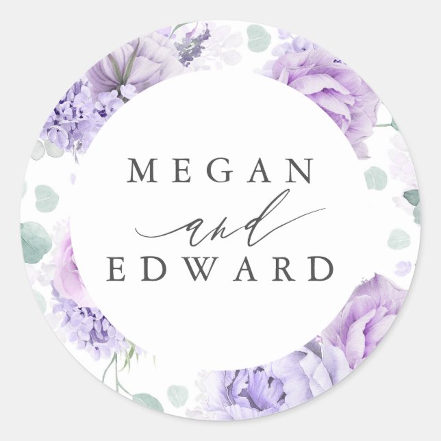 Lila und mauve florale botanische Hochzeit Runder Aufkleber (Vorderseite)