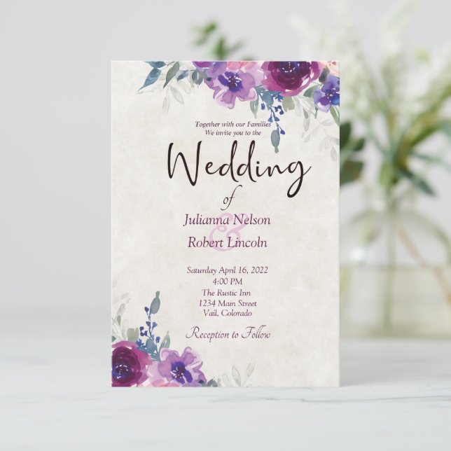 Lila und mauvrische Hochzeit Einladung (Stehend Vorderseite)