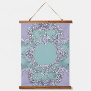 Lila und mintgrüne floral gestaltete KI-Kunst  Wandteppich Mit Holzrahmen