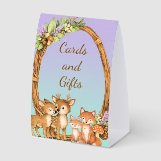 Lila und Minze Waldtiere Karten und Geschenke Tischaufsteller
