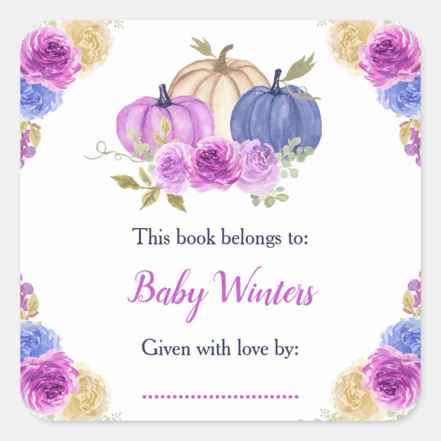 Lila und Navy Blue Floral Pumpkins Baby Dusche Quadratischer Aufkleber (Vorderseite)