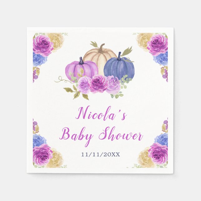 Lila und Navy Blue Floral Pumpkins Baby Dusche Serviette (Vorderseite)