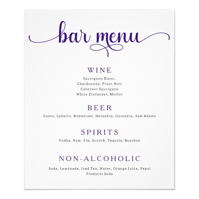 Lila und Off White Wedding Bar Menu Poster (Vorne)