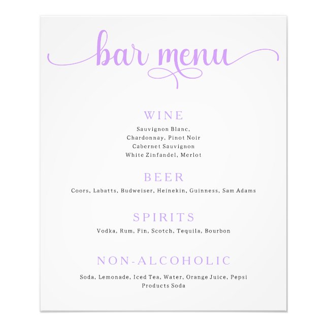 Lila und Off White Wedding Bar Menu Poster (Vorne)