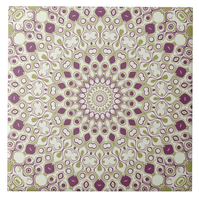 Lila und Olive Geometric Mandala Pattern Fliese (Vorderseite)