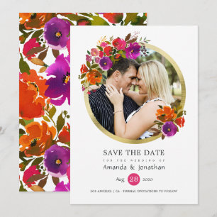 Lila und Orange Blumige Hochzeitsfoto Save The Date