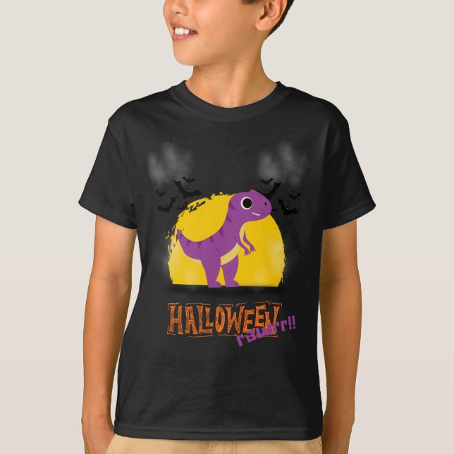 Lila und Orange Dinosaurier Jagen zu Halloween T-Shirt (Vorderseite)