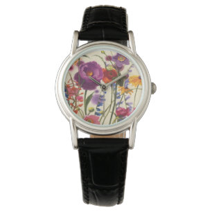 Lila und orange Mohnblumen-Melodie Armbanduhr