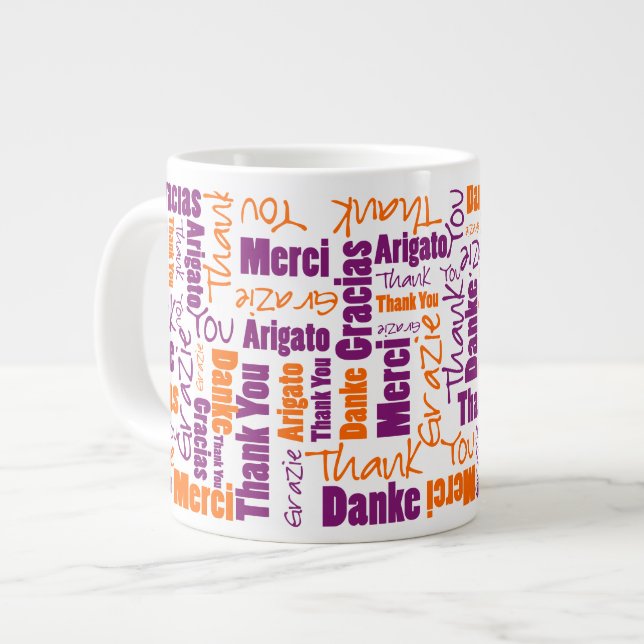 Lila und Orange Multilingual Vielen Dank Jumbo-Tasse (Vorderseite Links)