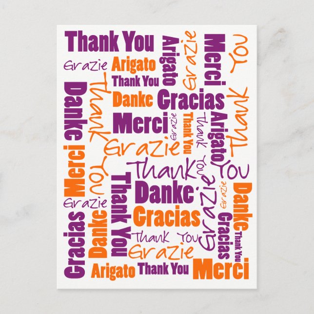 Lila und Orange Multilingual Vielen Dank Postkarte (Vorderseite)