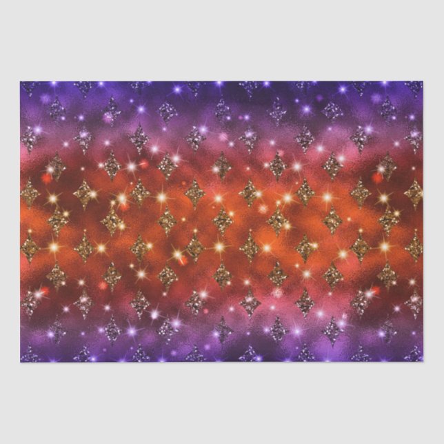 Lila und Orange Ombre Glitzer Celestial Muster Seidenpapier (Vorderseite)