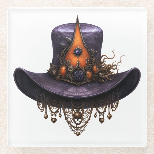 LILA UND ORANGE VIKTORIANISCH HALLOWEEN HAT GLASUNTERSETZER (Vorderseite)