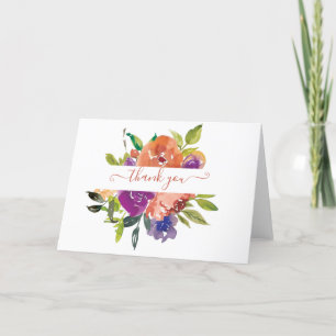 Lila und orangefarbene Aquarellblumen personalisie Dankeskarte