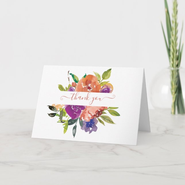 Lila und orangefarbene Aquarellblumen personalisie Dankeskarte (Vorderseite)