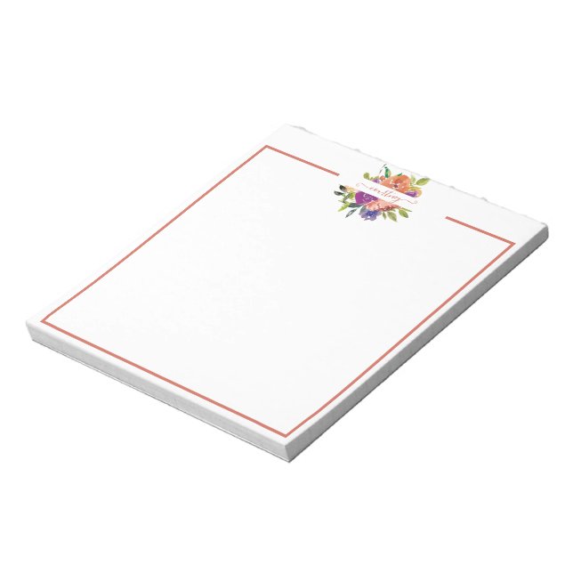 Lila und orangefarbene Aquarellblumen personalisie Notizblock (Rotiert)