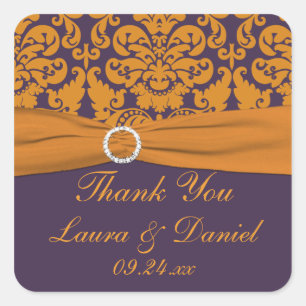 Lila und orangefarbene Damask Hochzeitsticker Quadratischer Aufkleber