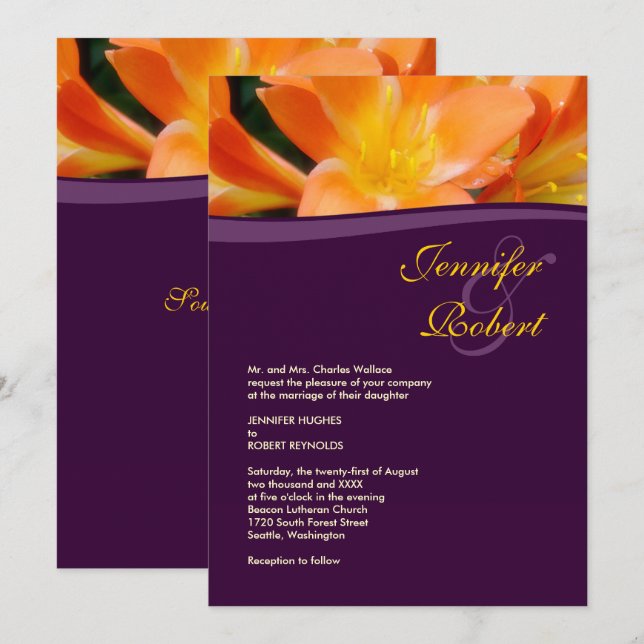 Lila und orangefarbene feierliche Hochzeit Einladung (Vorne/Hinten)