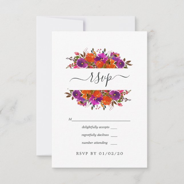 Lila und orangefarbene Hochzeit RSVP Karte (Vorderseite)