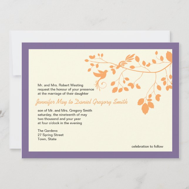 Lila und orangefarbene Hochzeitseinladungen Liebes Einladung (Vorderseite)